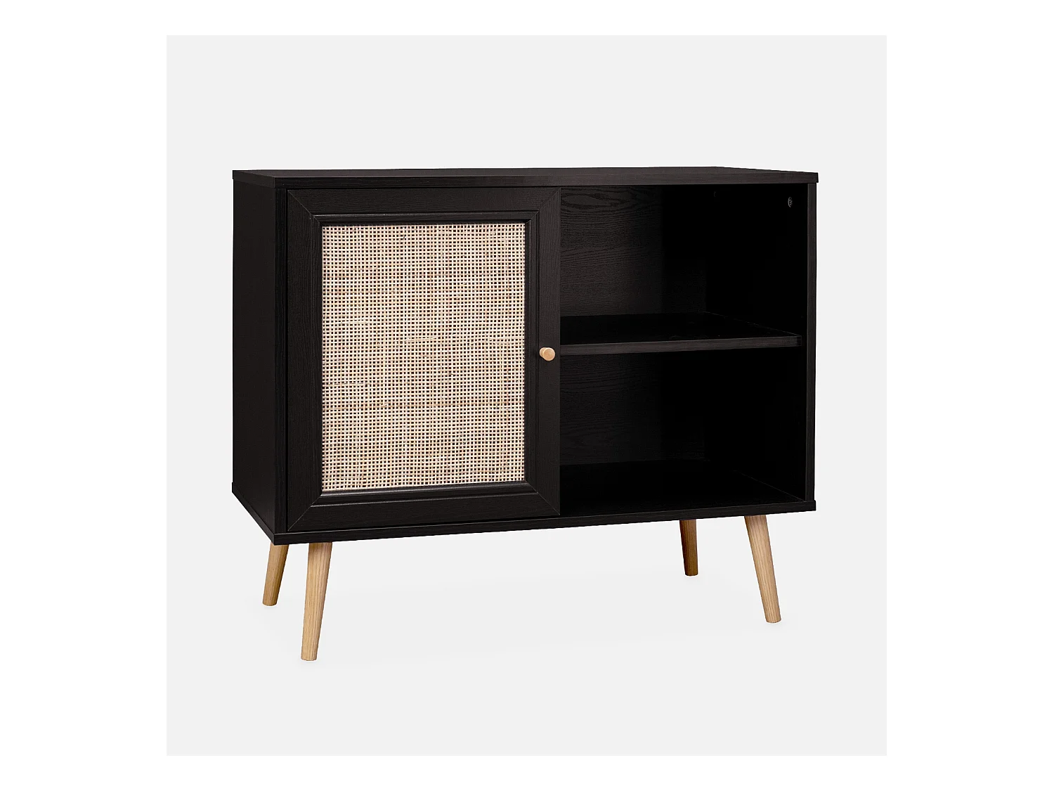 Meuble de rangement en cannage 80x39x65.8cm  Bohème - Noir -  2 niveaux - 1 porte -  pieds scandinaves. buffet bas