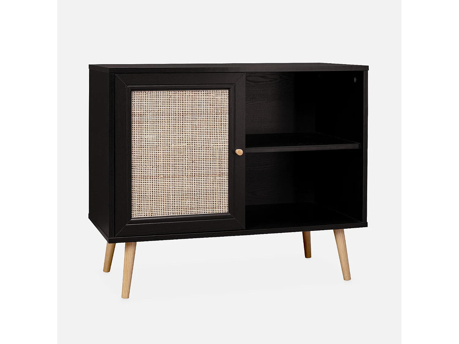 Meuble de rangement en cannage 80x39x65.8cm  Bohème - Noir -  2 niveaux - 1 porte -  pieds scandinaves. buffet bas
