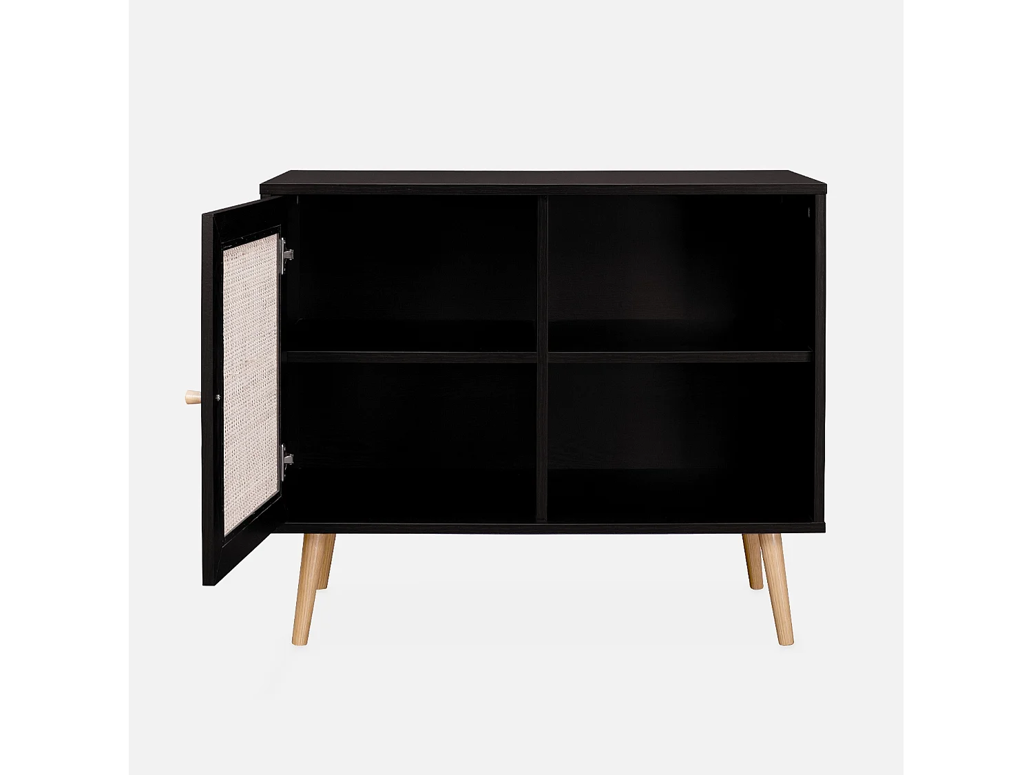 Meuble de rangement en cannage 80x39x65.8cm  Bohème - Noir -  2 niveaux - 1 porte -  pieds scandinaves. buffet bas