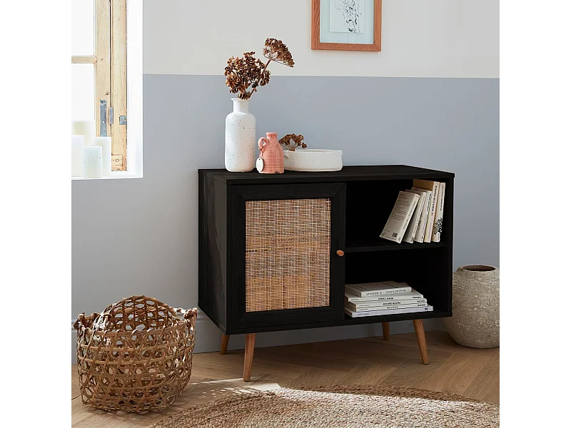 Meuble de rangement en cannage 80x39x65.8cm  Bohème - Noir -  2 niveaux - 1 porte -  pieds scandinaves. buffet bas