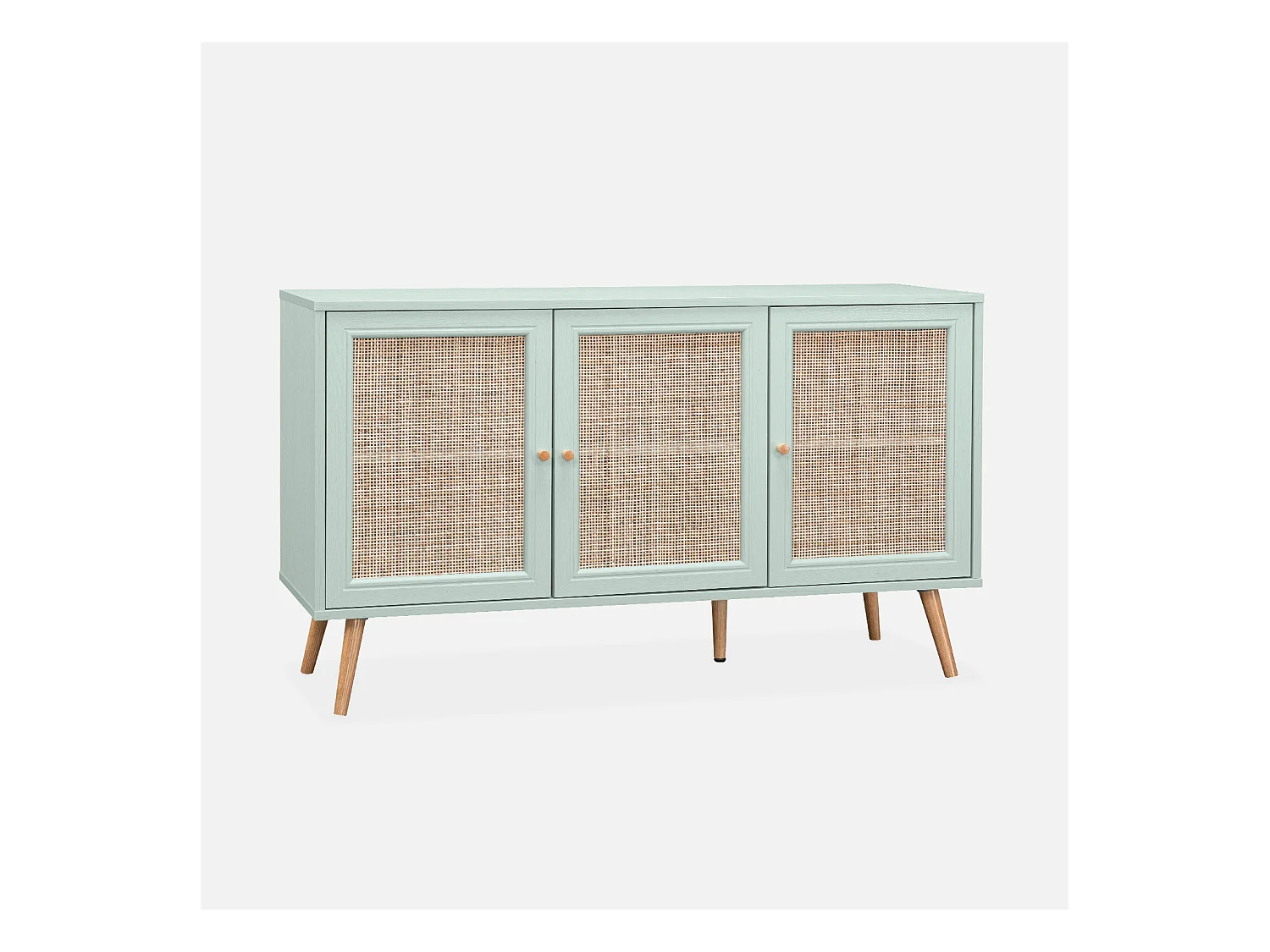 Buffet de rangement en cannage 120x39x70cm  - Bohème - 2 niveaux. 3 portes. pieds scandinaves. buffet bas