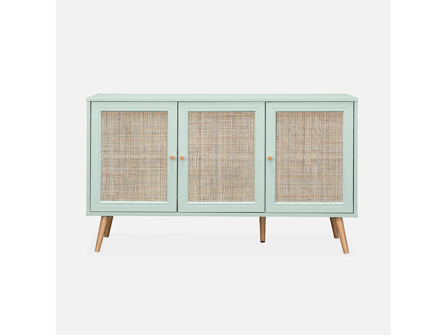 Buffet de rangement en cannage 120x39x70cm  - Bohème - 2 niveaux. 3 portes. pieds scandinaves. buffet bas