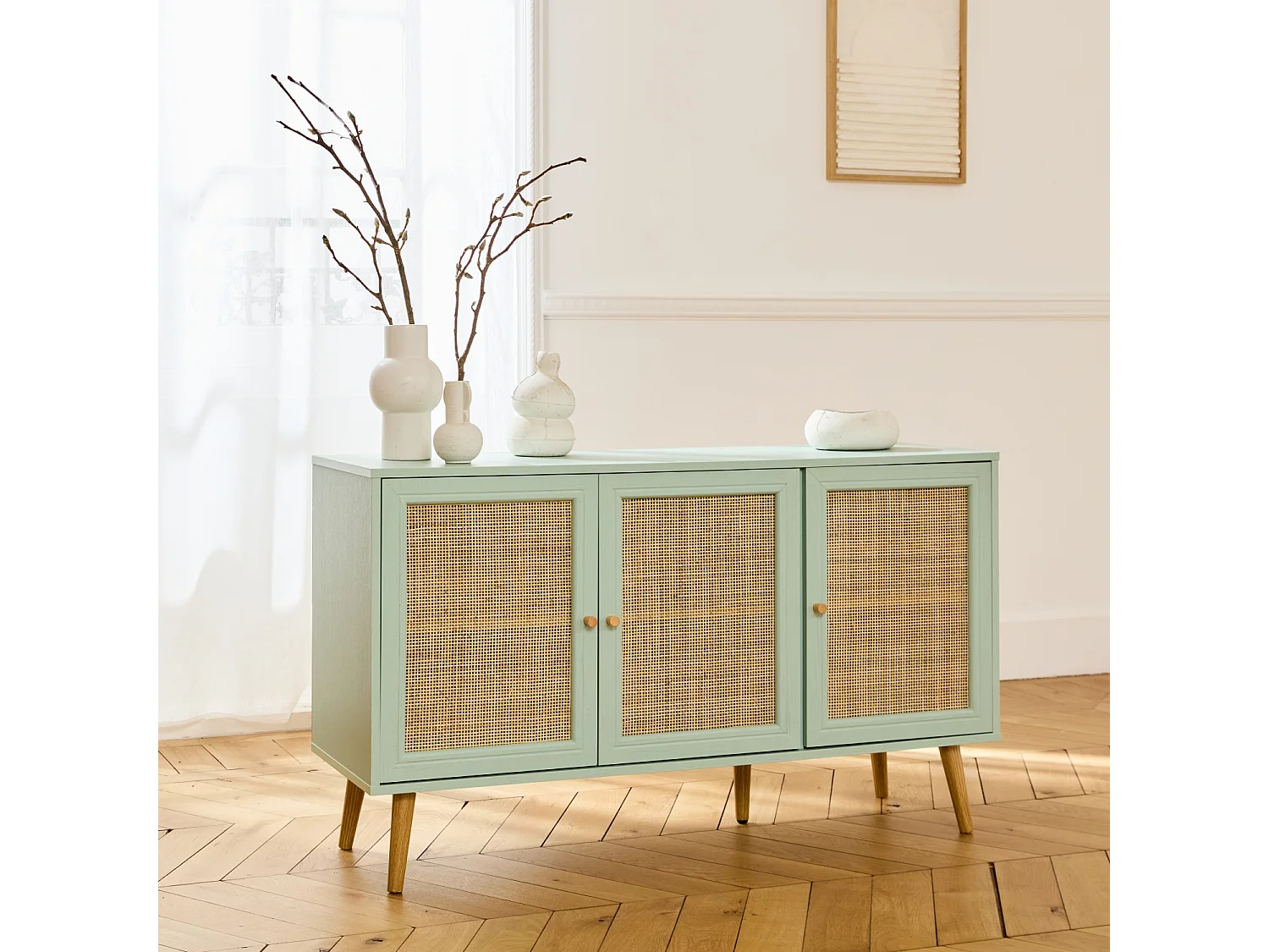 Credenza 3 ante in cannage, 120 cm, verde celadon