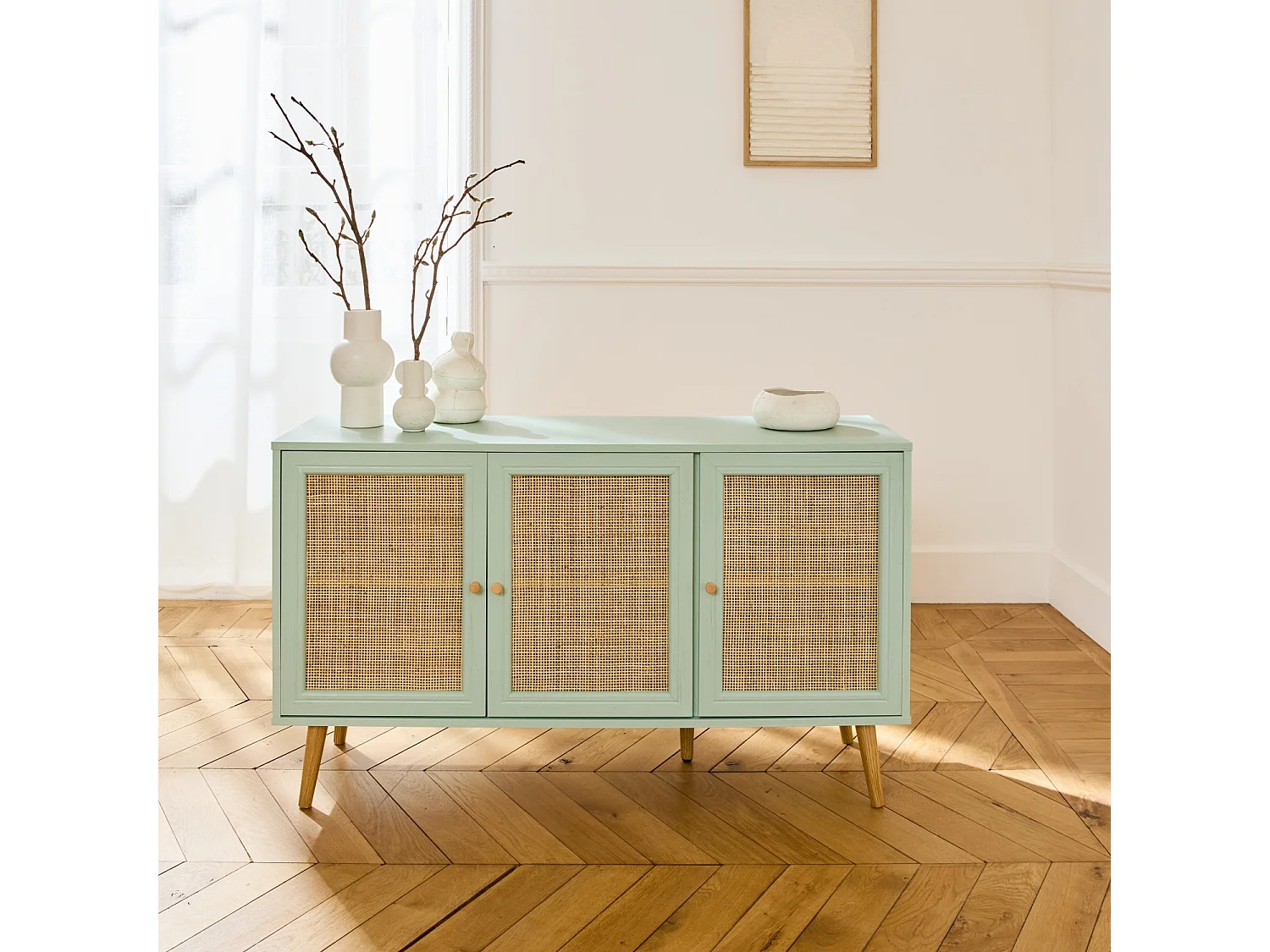 Credenza 3 ante in cannage, 120 cm, verde celadon