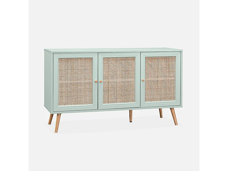 Buffet de rangement en cannage 120x39x70cm  - Bohème - 2 niveaux. 3 portes. pieds scandinaves. buffet bas