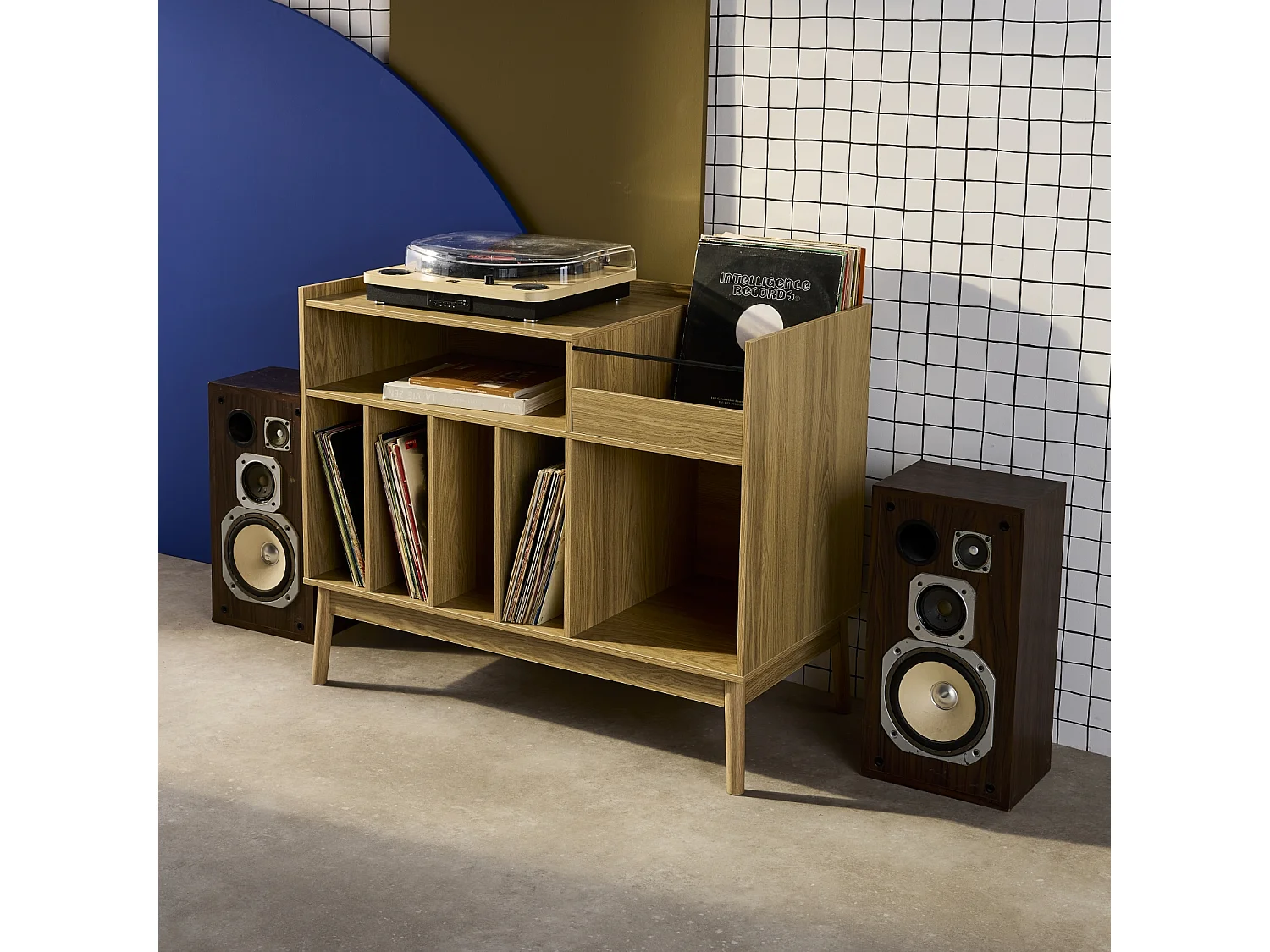 Mueble vinilo vintage con decoración madera, 100cm natural