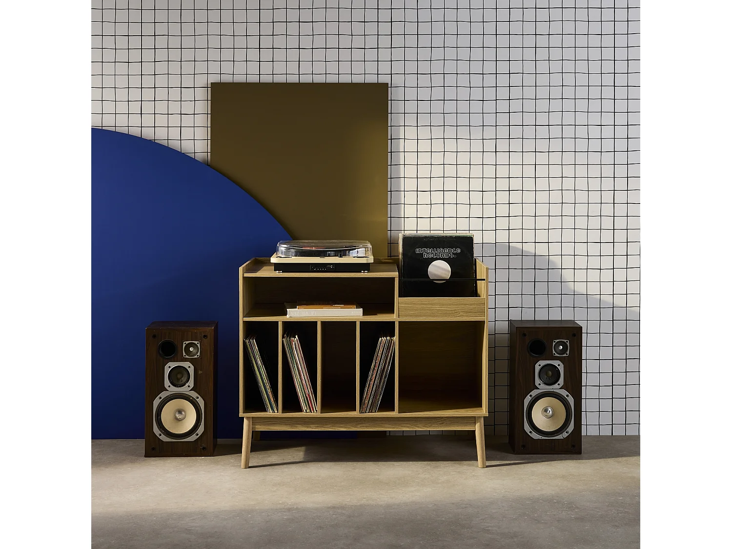 Mueble vinilo vintage con decoración madera, 100cm natural