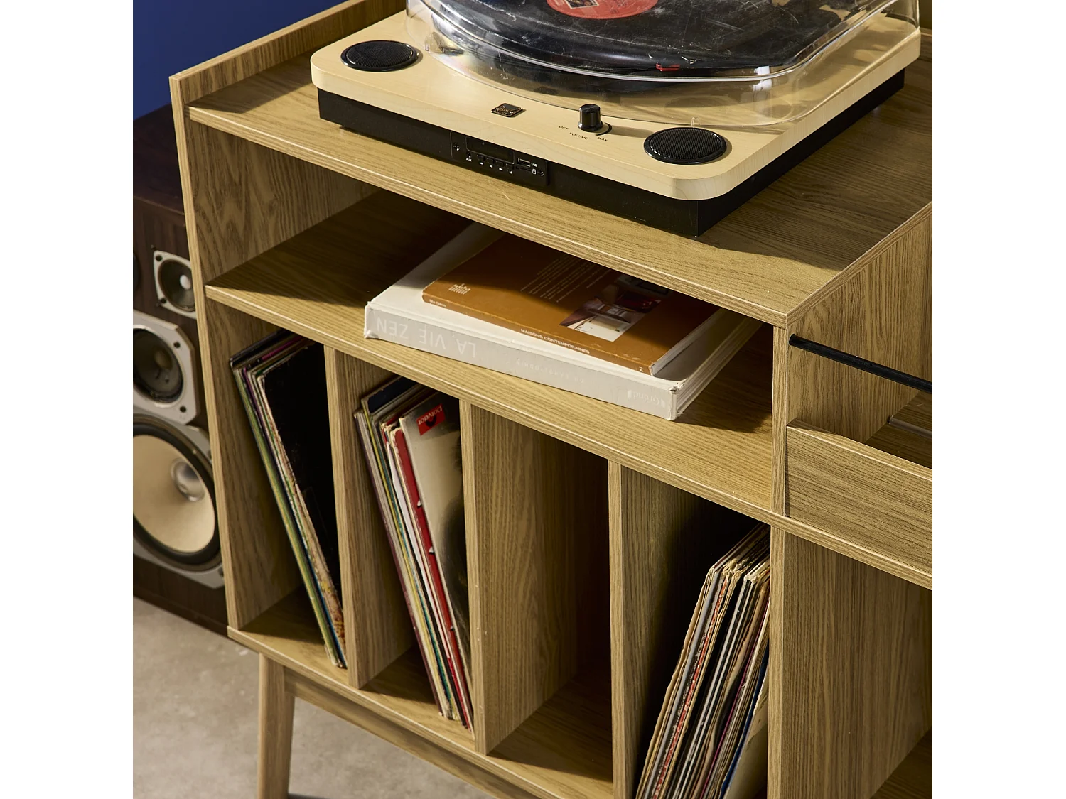 Mueble vinilo vintage con decoración madera, 100cm natural