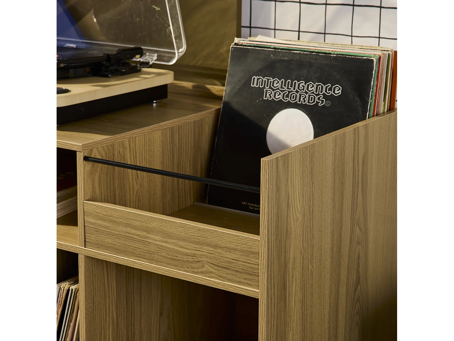 Mueble vinilo vintage con decoración madera, 100cm natural