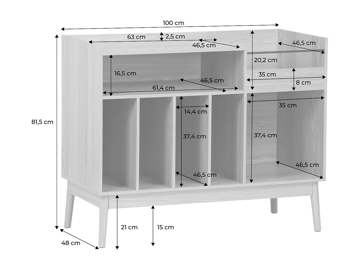Mueble vinilo vintage con decoración madera, 100cm natural