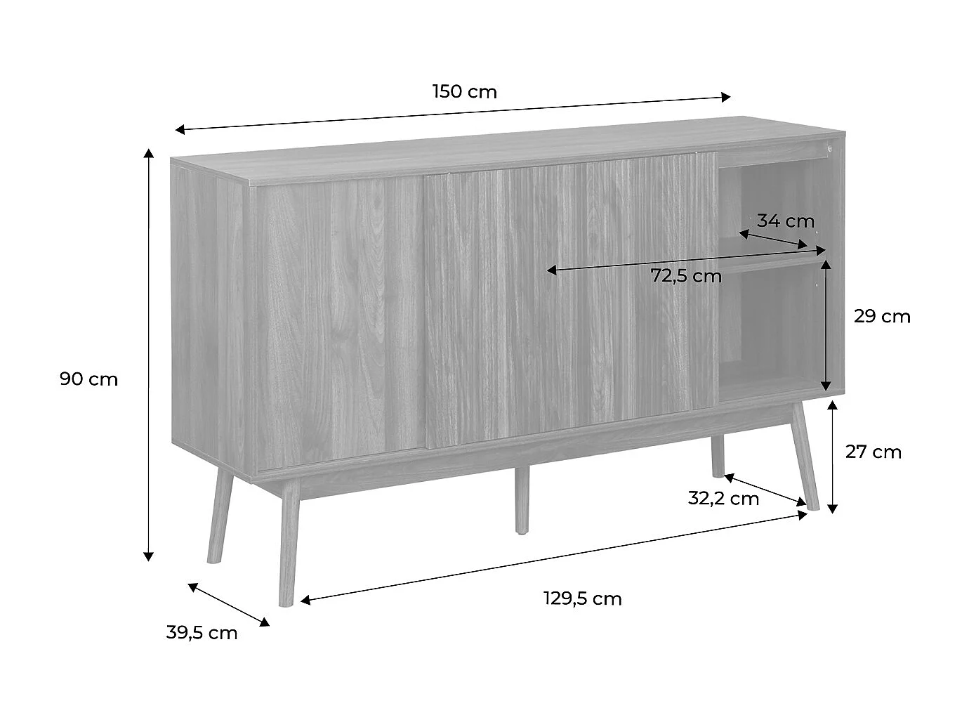 Aparador escandinavo efecto madera con 2 puertas, 150cm madera oscura