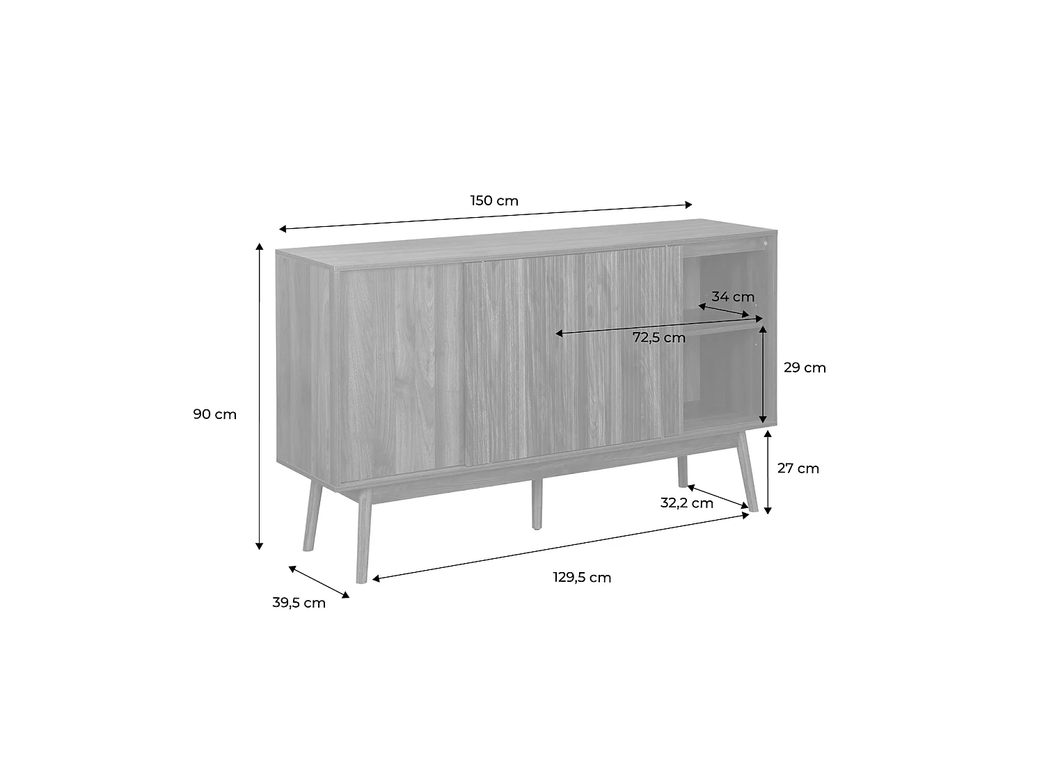 Aparador escandinavo efecto madera con 2 puertas, 150cm madera oscura