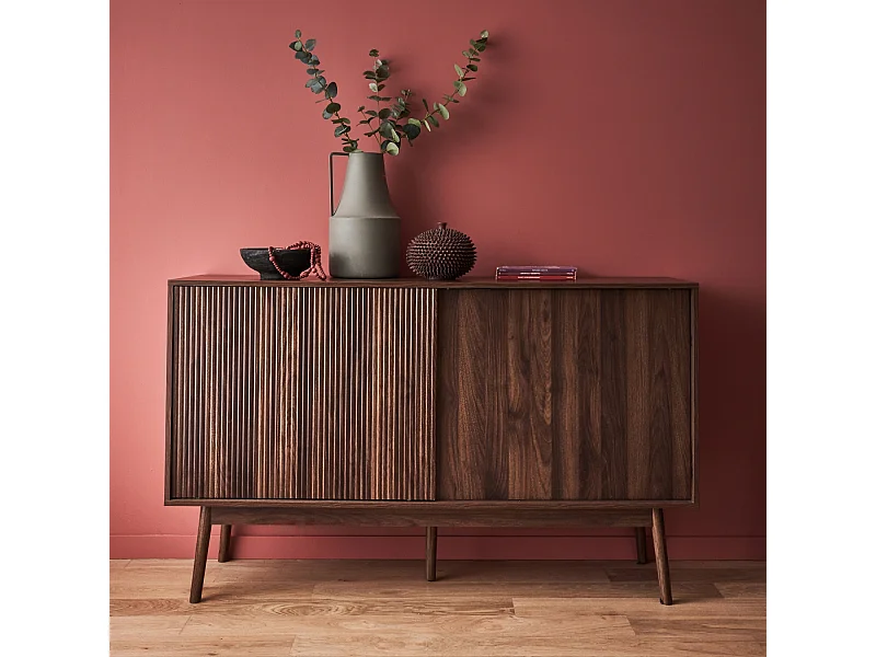 Buffet de rangement décor bois bois foncé. Linear. deux portes. deux étagères. buffet haut. vaisselier.  L 150 x P 39.5 x H 90cm