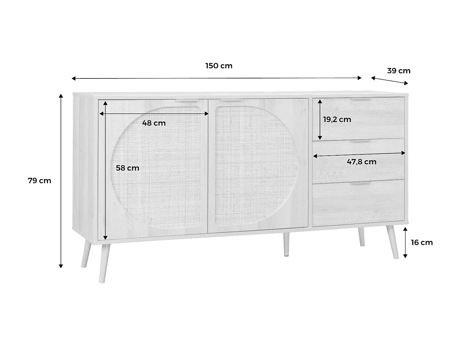 Credenza in legno e canna a 2 ante e 3 cassetti, 150cm, marrone