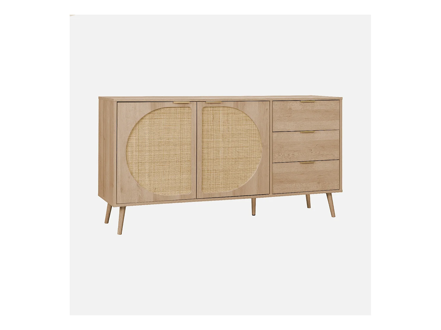 Buffet de rangement. Eva.  décor bois et cannage arrondi. 2 portes 3 tiroirs. buffet bas. L 150 x l 39 x H 79cm