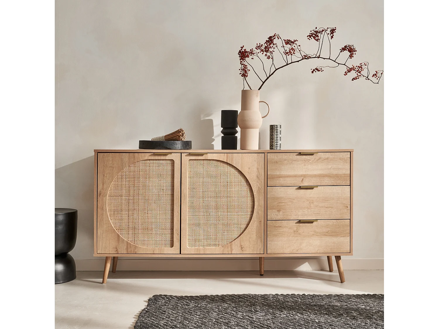 Aparador efecto madera de 2 puertas y 3 cajones, 150cm natural