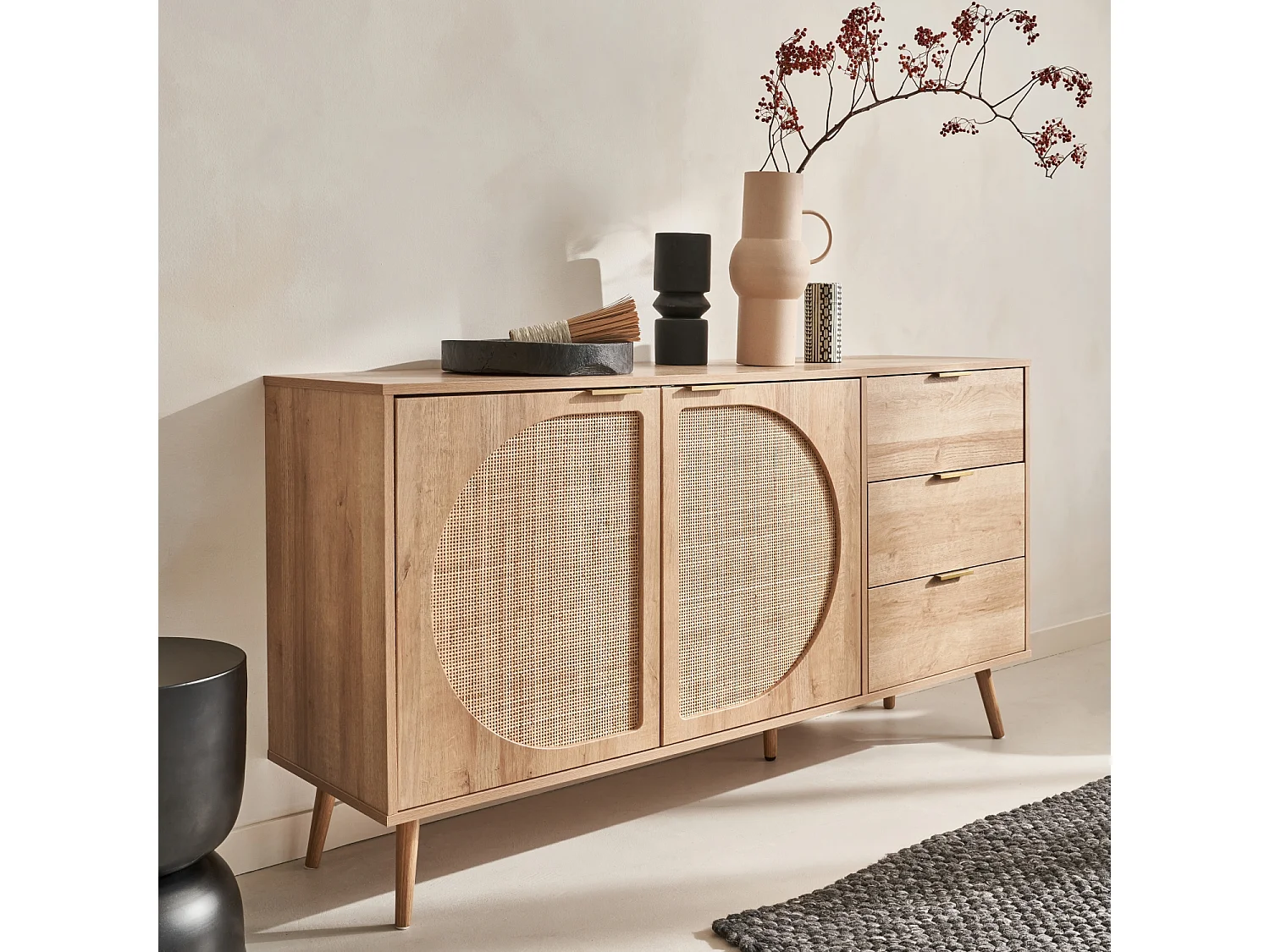 Aparador efecto madera de 2 puertas y 3 cajones, 150cm natural