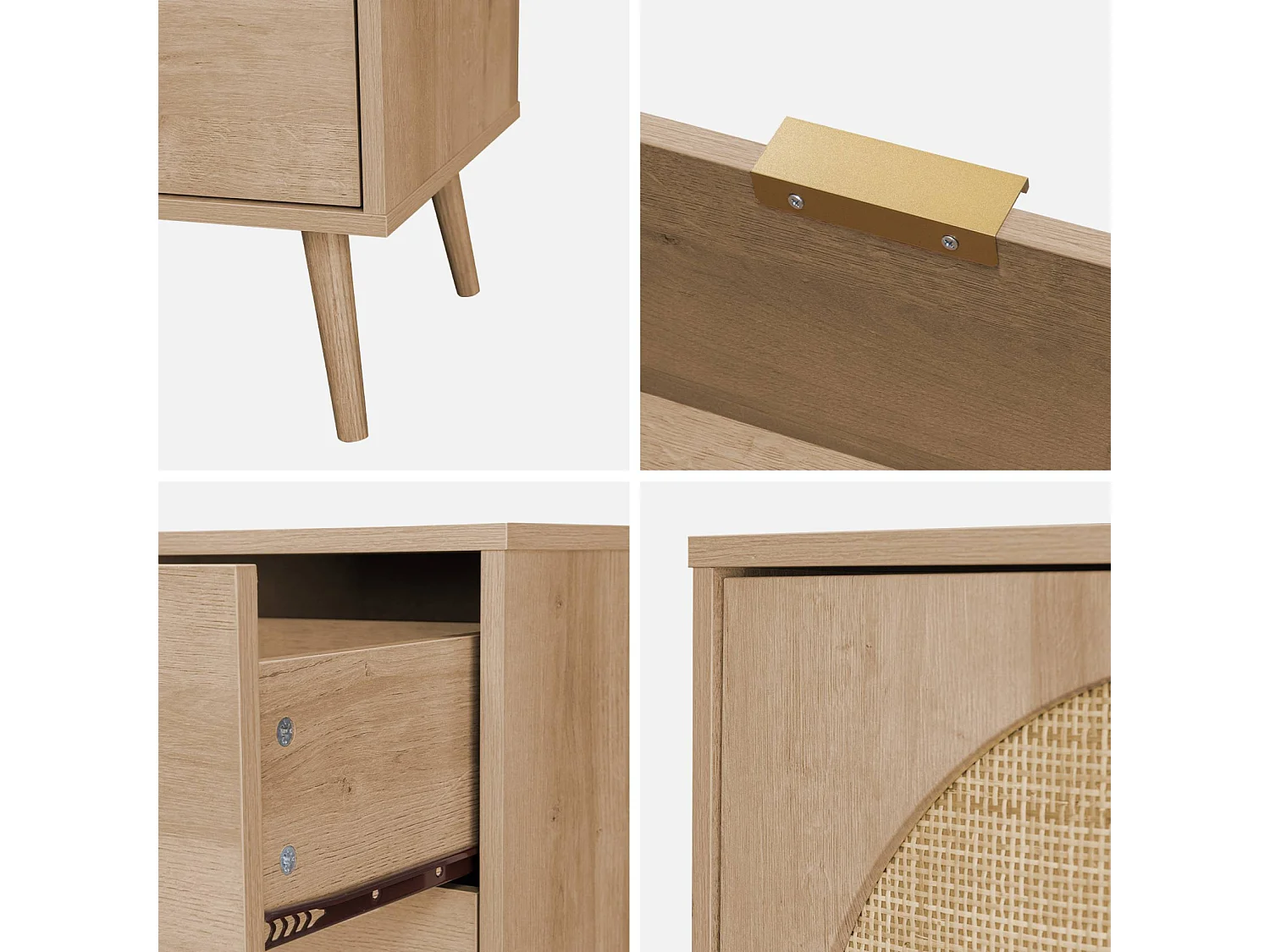 Buffet de rangement. Eva.  décor bois et cannage arrondi. 2 portes 3 tiroirs. buffet bas. L 150 x l 39 x H 79cm
