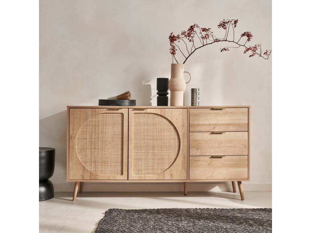 Credenza in legno e canna a 2 ante e 3 cassetti, 150cm, marrone