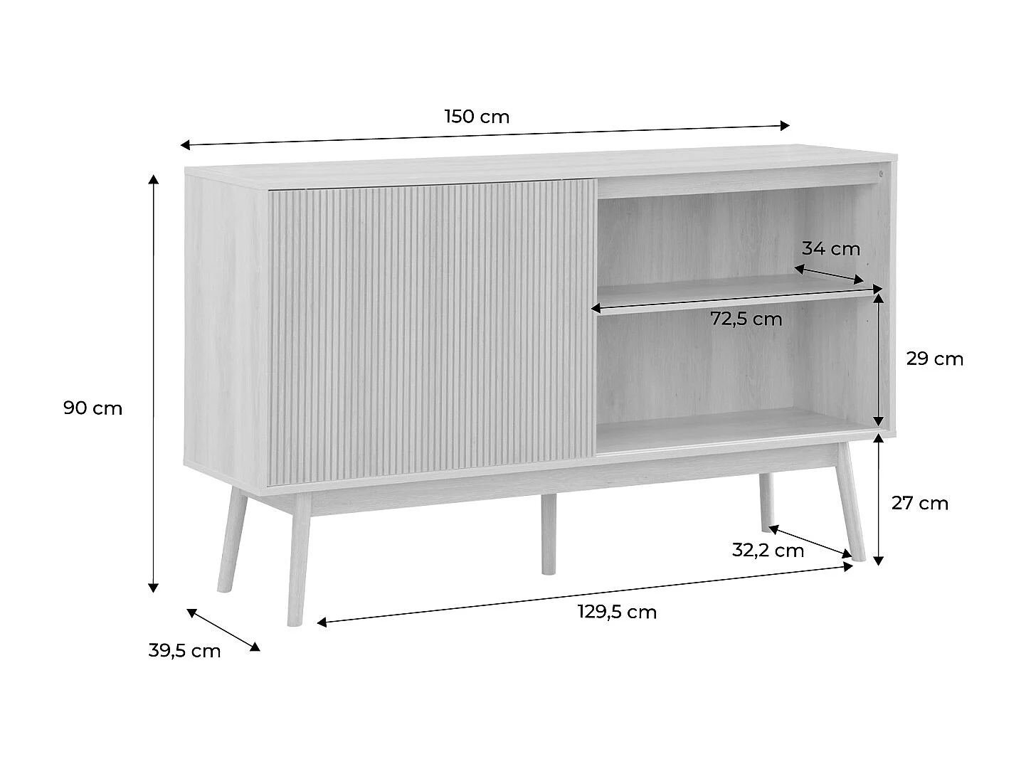 Credenza scandinava a 2 ante effetto legno, 150cm, marrone naturale