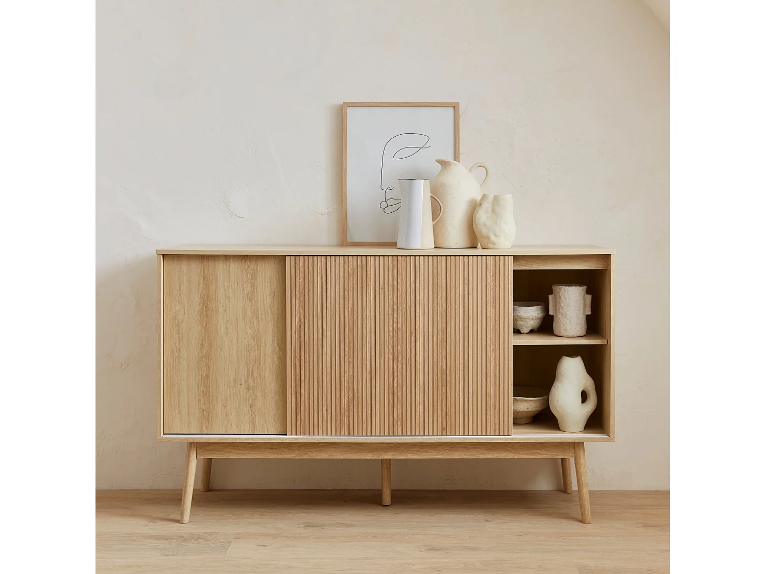 Credenza scandinava a 2 ante effetto legno, 150cm, marrone naturale