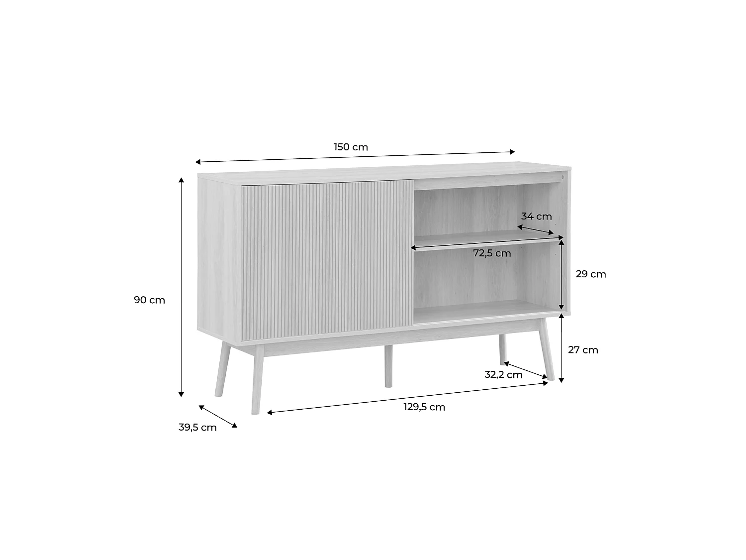 Buffet de rangement décor bois naturel. Linear. deux portes. deux étagères. buffet haut. vaisselier.  L 150 x P 39.5 x H 90cm