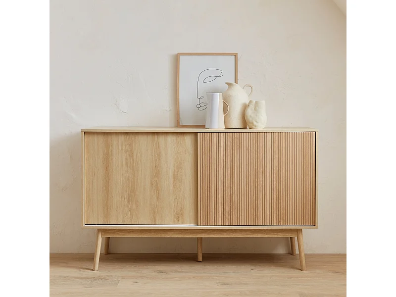 Buffet de rangement décor bois naturel. Linear. deux portes. deux étagères. buffet haut. vaisselier.  L 150 x P 39.5 x H 90cm