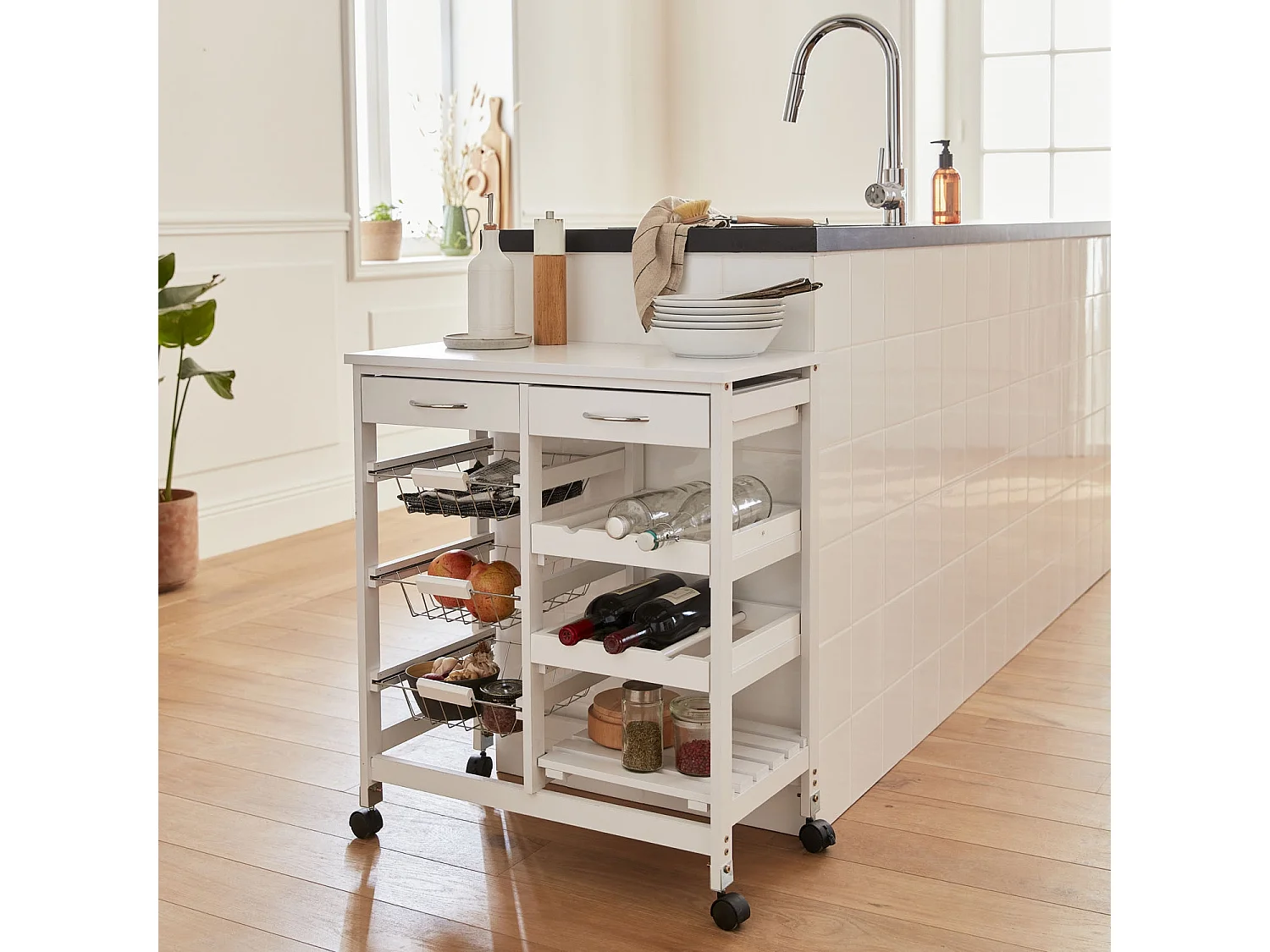 Aparador de cocina efecto madera con ruedas, 65x35cm blanco