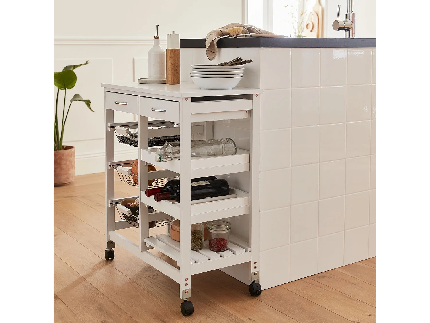 Aparador de cocina efecto madera con ruedas, 65x35cm blanco