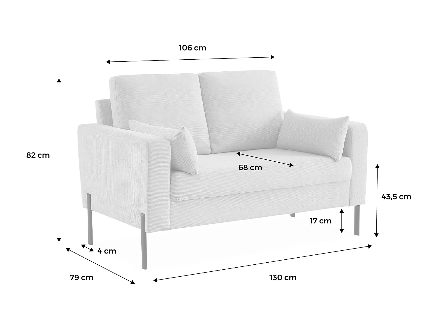 Divano a 2 posti in velluto a coste, gambe in metallo, beige