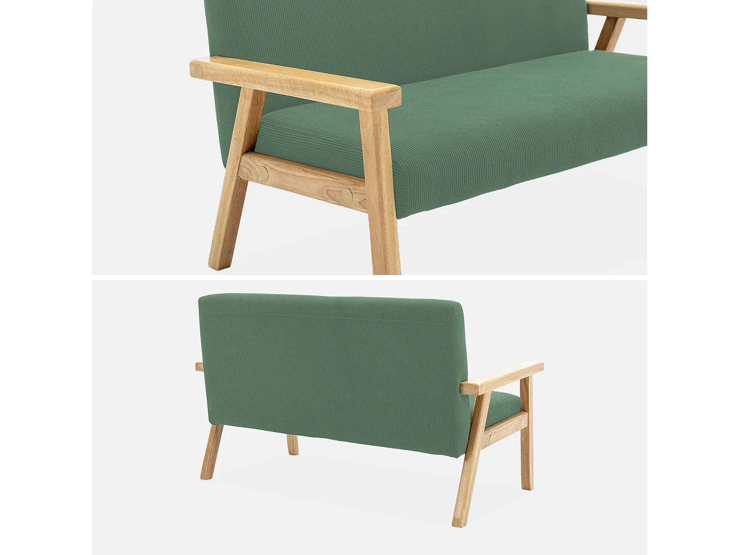 Banquette canapé enfant en bois et velours côtelé kaki. Isak. L 84 x P 43.5 x H 50cm