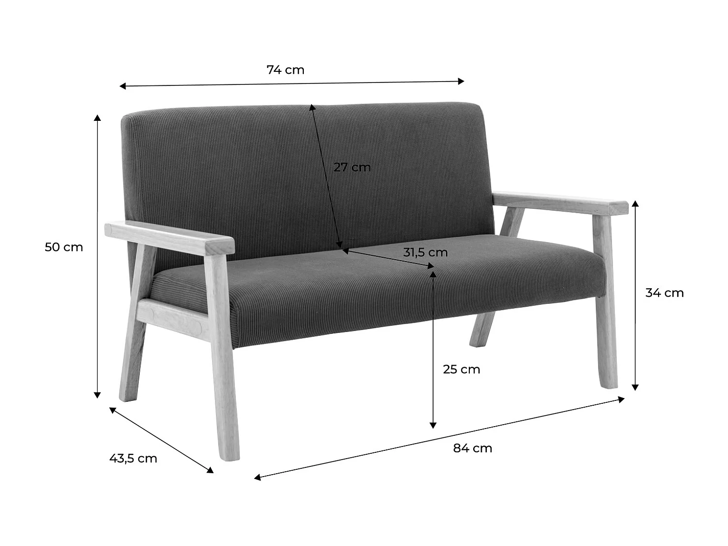 Banquette canapé enfant en bois et velours côtelé kaki. Isak. L 84 x P 43.5 x H 50cm