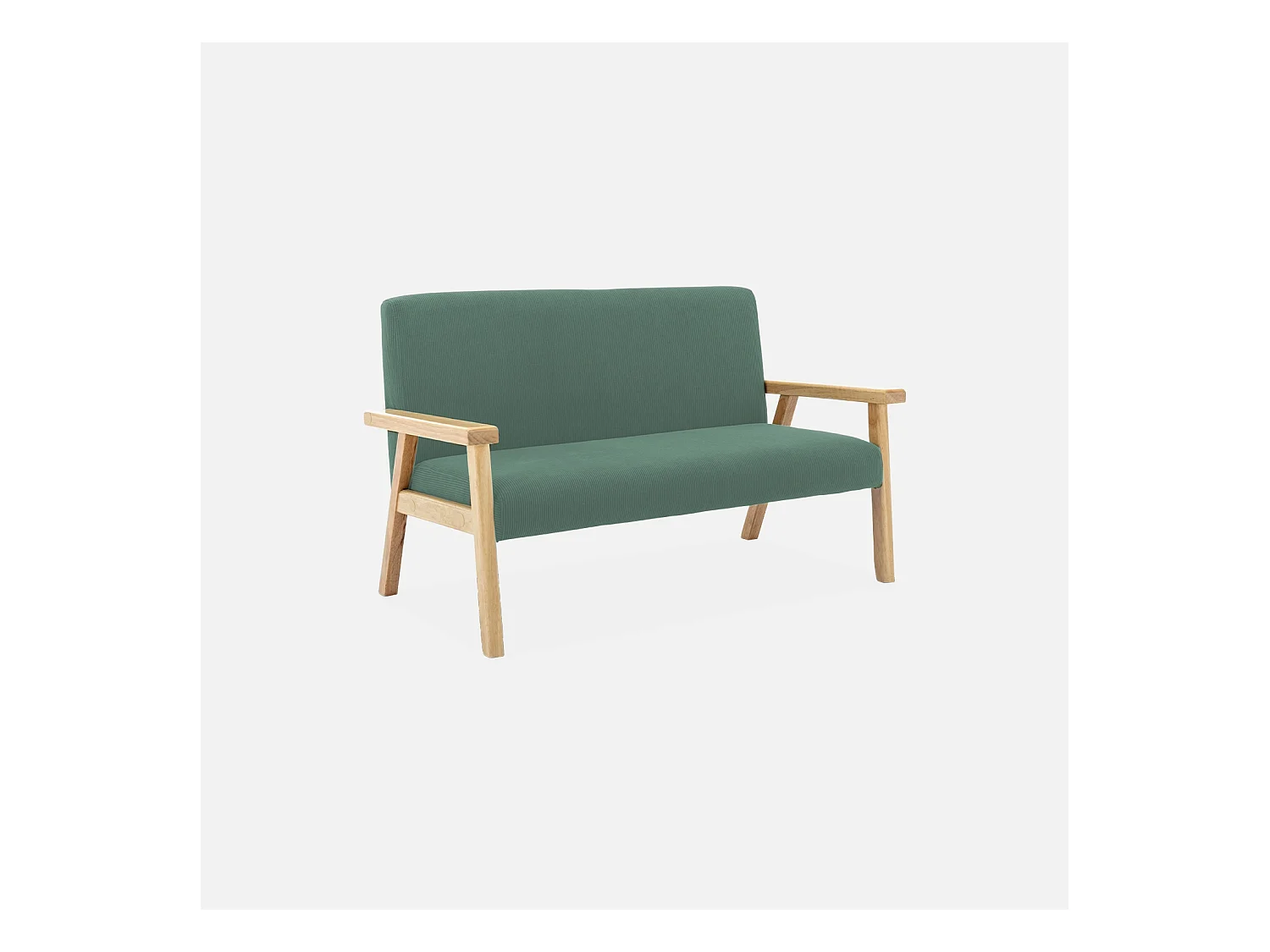 Banquette canapé enfant en bois et velours côtelé kaki. Isak. L 84 x P 43.5 x H 50cm