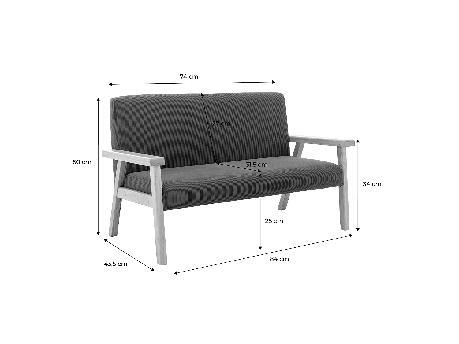 Banquette canapé enfant en bois et velours côtelé kaki. Isak. L 84 x P 43.5 x H 50cm