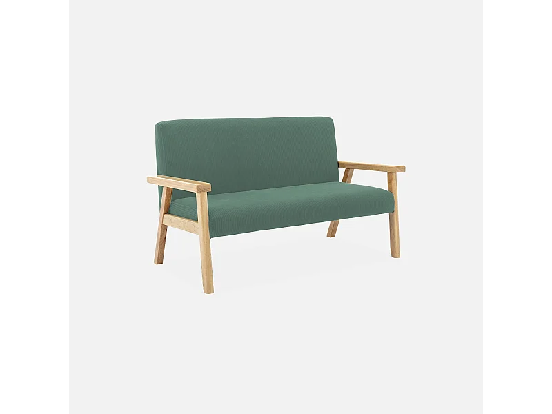 Banquette canapé enfant en bois et velours côtelé kaki. Isak. L 84 x P 43.5 x H 50cm