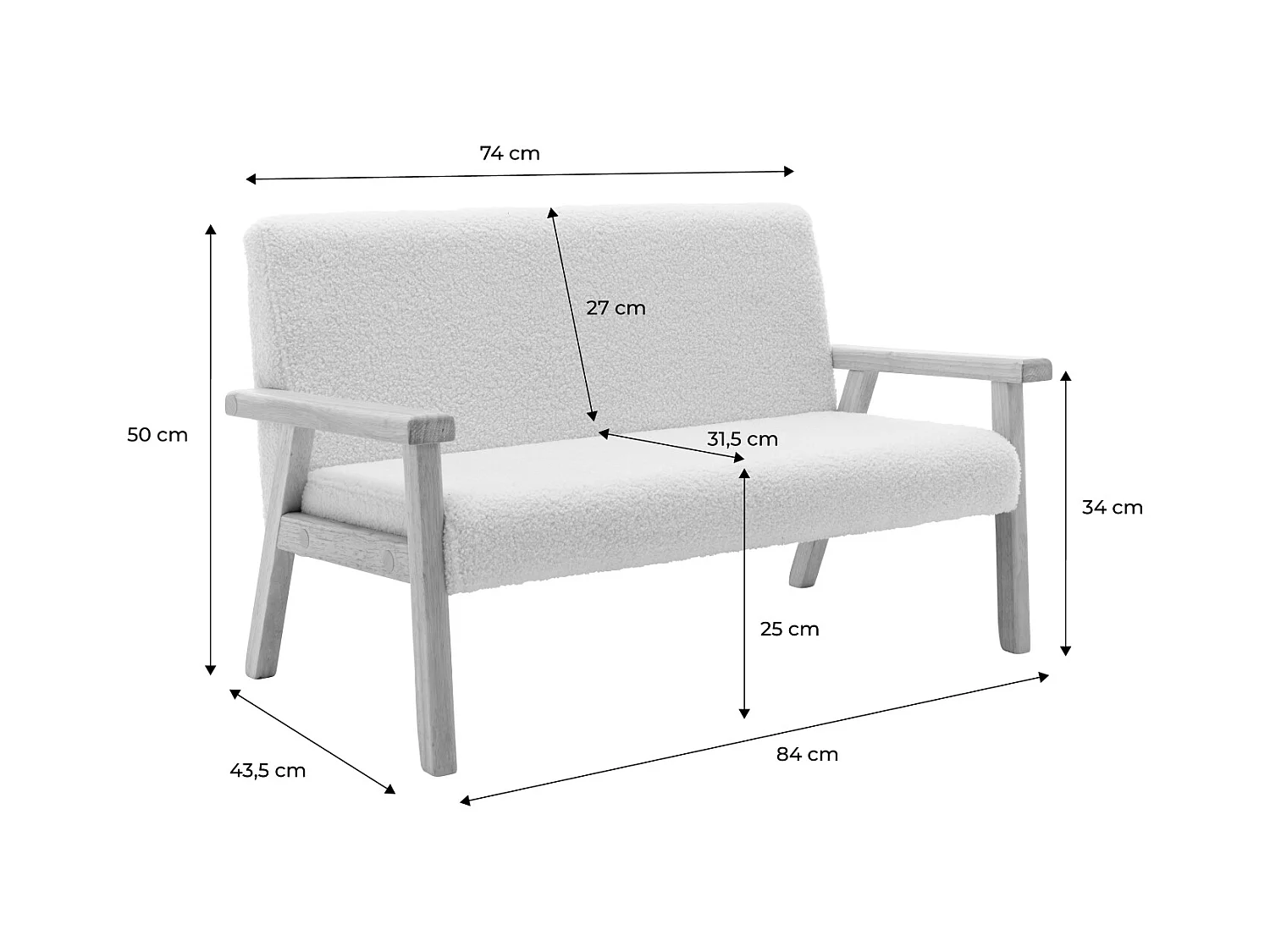 Banquette canapé enfant en bois et tissu bouclette. Isak. L 84 x P 43.5 x H 50cm
