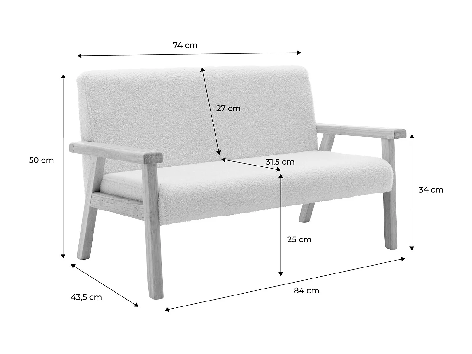 Banquette canapé enfant en bois et tissu bouclette. Isak. L 84 x P 43.5 x H 50cm