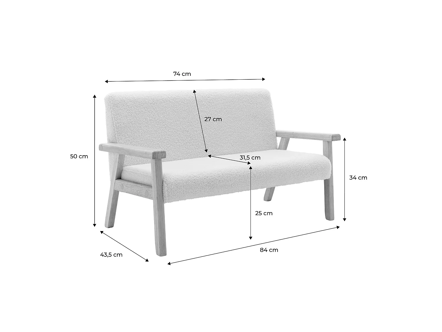 Canapé pour enfants 2 places en tissu bouclette blanc