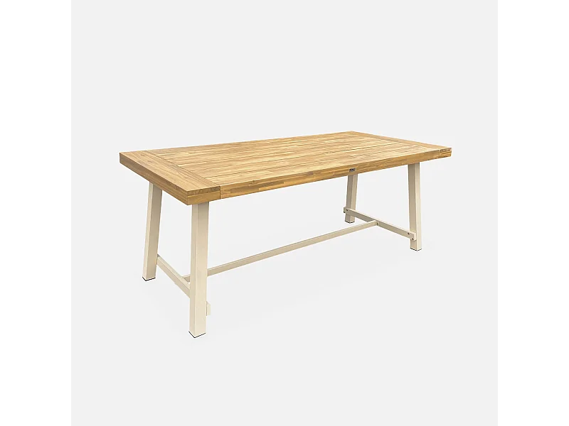 Table intérieur/extérieur en bois clair. effet teck et acier galvanisé ivoire. Fortaleza L190 x P91.5 x H76cm 6-8 places