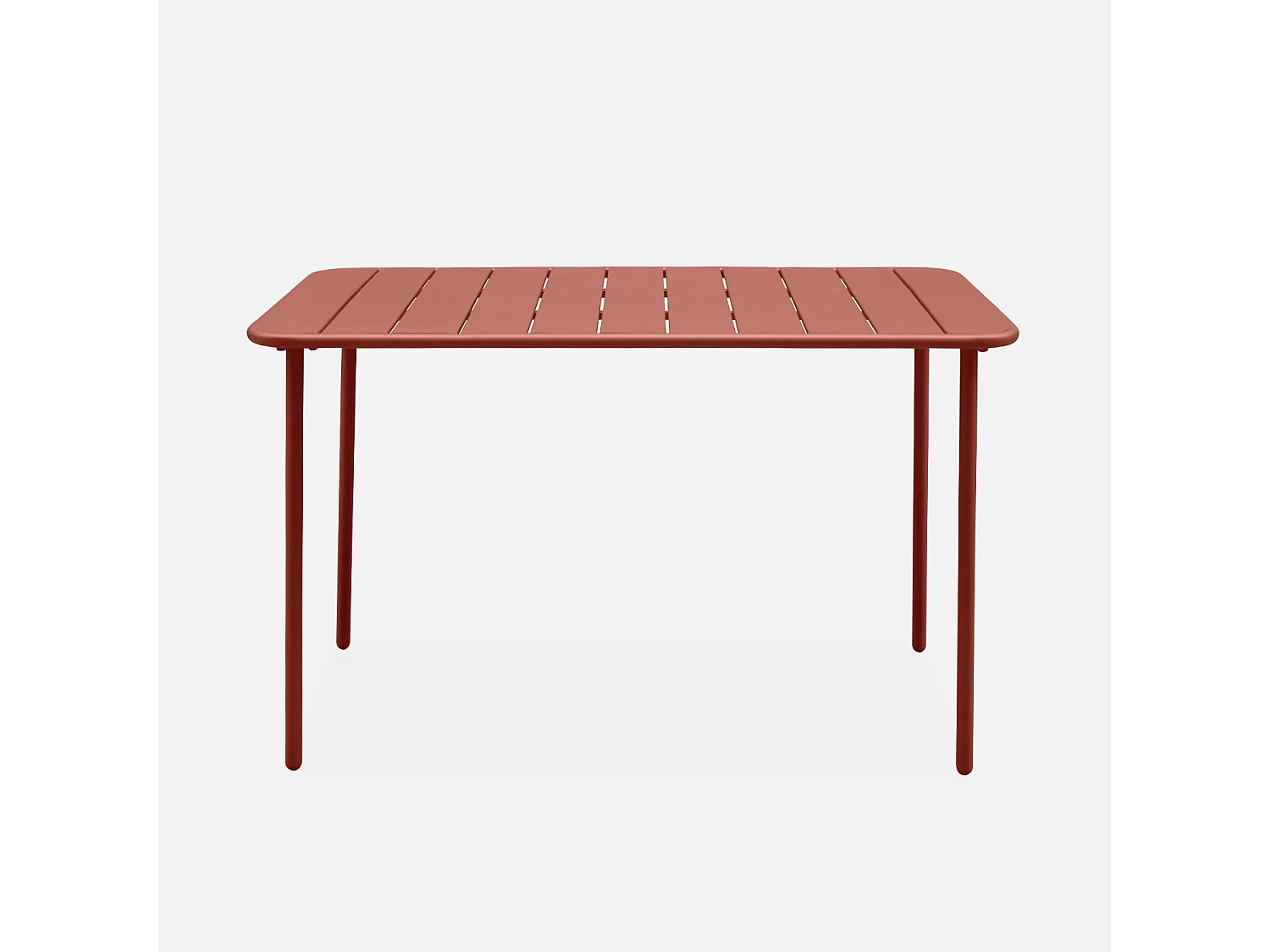 Table de jardin métal 4 places. terracotta. Amelia. 120x70cm. traitement antirouille. lattes et bords arrondis