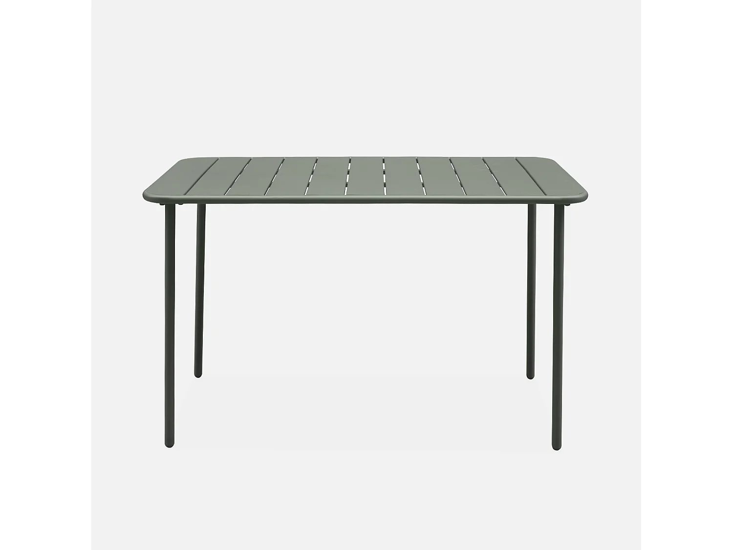 Table de jardin métal 4 places. kaki. Amelia. 120x70cm. traitement antirouille. lattes et bords arrondis