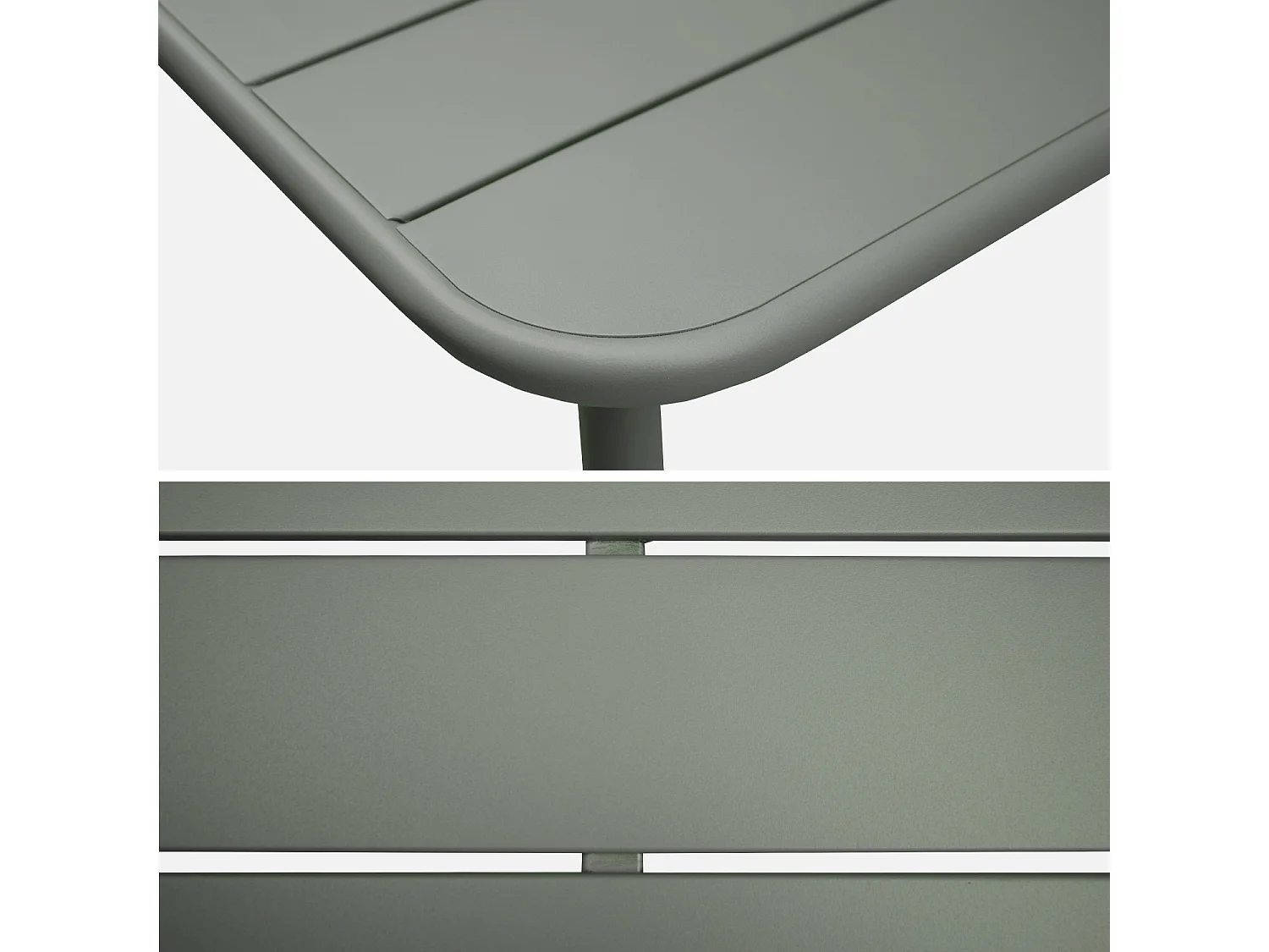 Table de jardin métal 4 places. kaki. Amelia. 120x70cm. traitement antirouille. lattes et bords arrondis