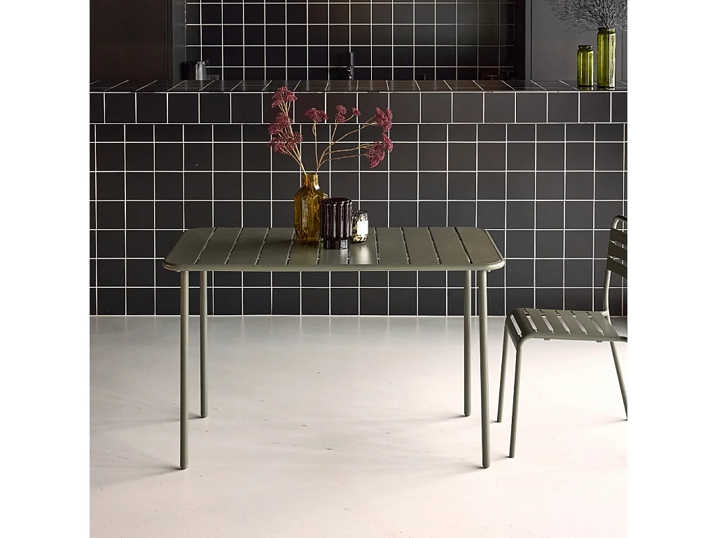 Mesa de jardín metálica de 120cm, 4 plazas verde kaki