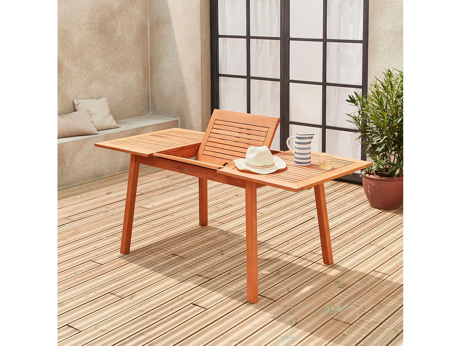 Table de jardin en bois 120-180cm - Almeria - Table rectangulaire avec allonge eucalyptus Intérieur / Extérieur