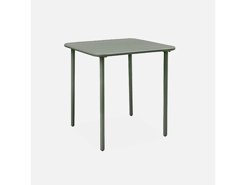 Table de jardin métal 2 places. kaki. Amelia. 70x70cm. traitement antirouille. lattes et bords arrondis