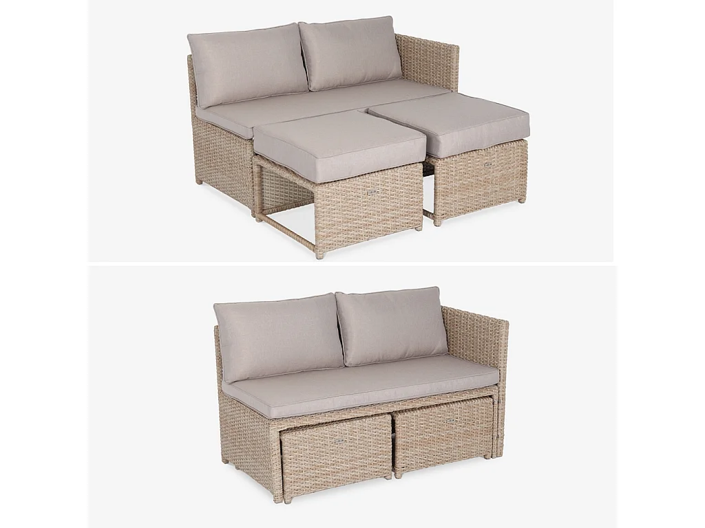 Set tavolo da giardino con pouf a incasso, rattan, 6 posti, marrone