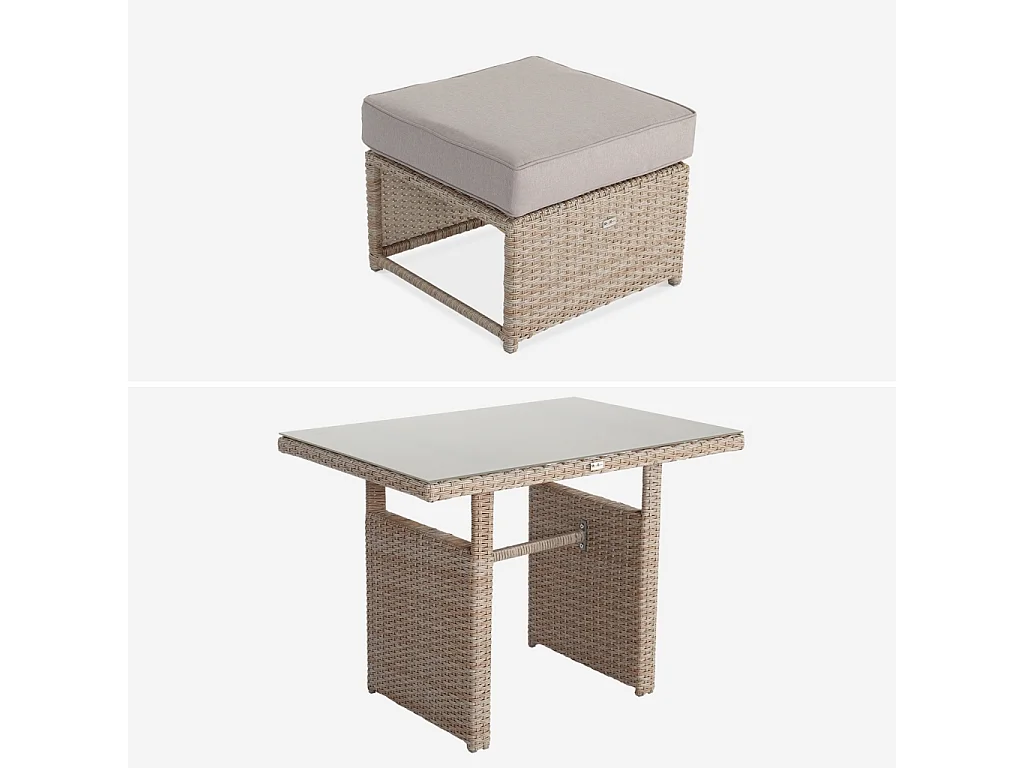 Set tavolo da giardino con pouf a incasso, rattan, 6 posti, marrone