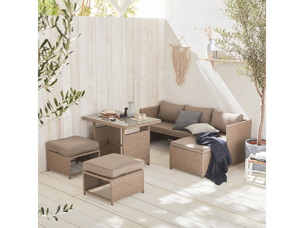 Set tavolo da giardino con pouf a incasso, rattan, 6 posti, marrone