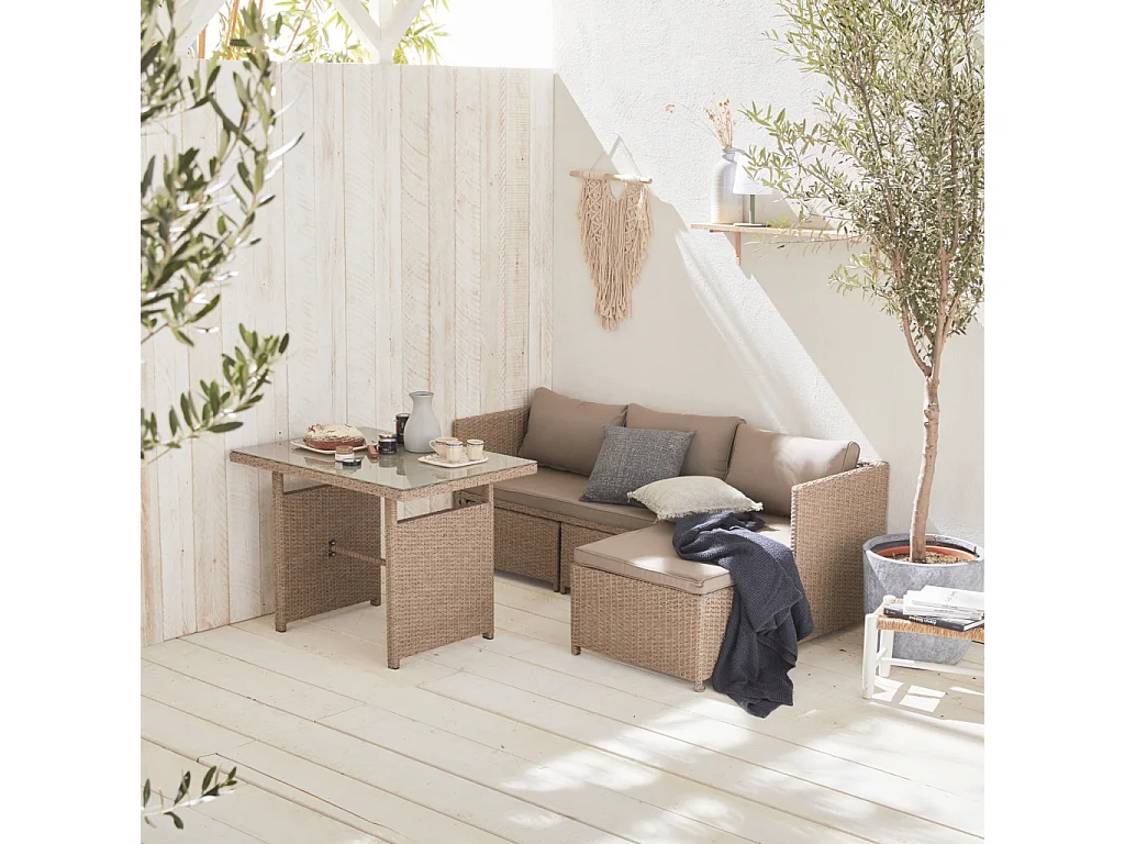 Set tavolo da giardino con pouf a incasso, rattan, 6 posti, marrone