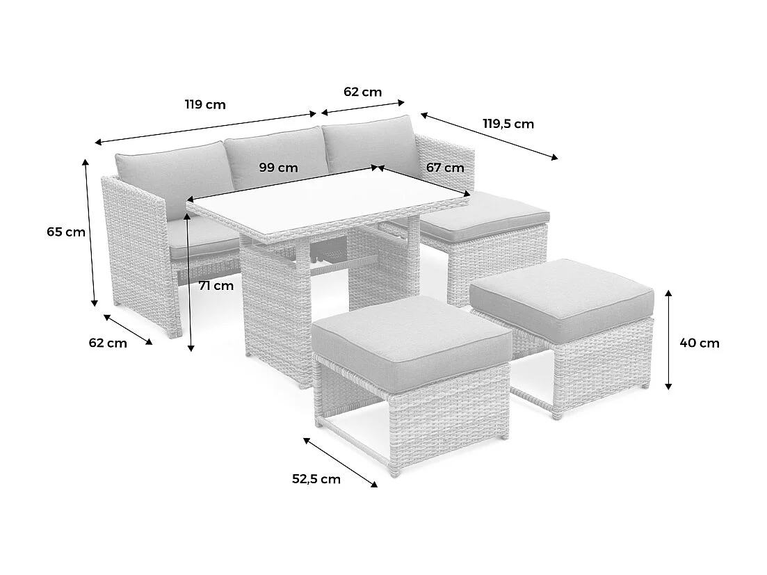 Set tavolo da giardino con pouf a incasso, rattan, 6 posti, marrone